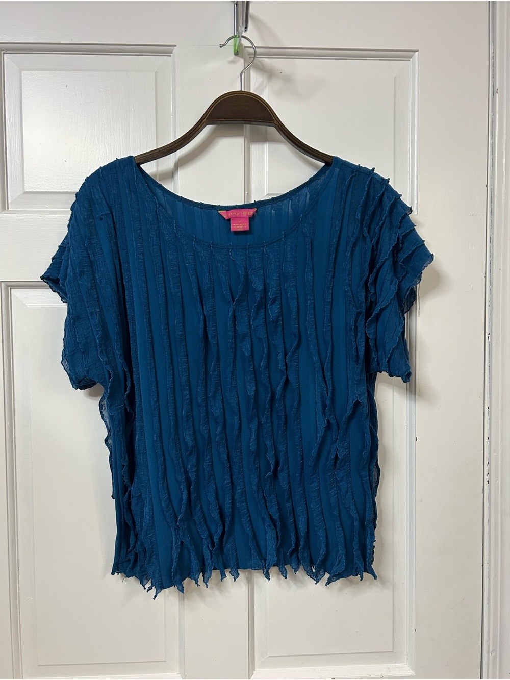 Sunny Leigh Teal Ruffled Stripe Short-Sleeve Top
